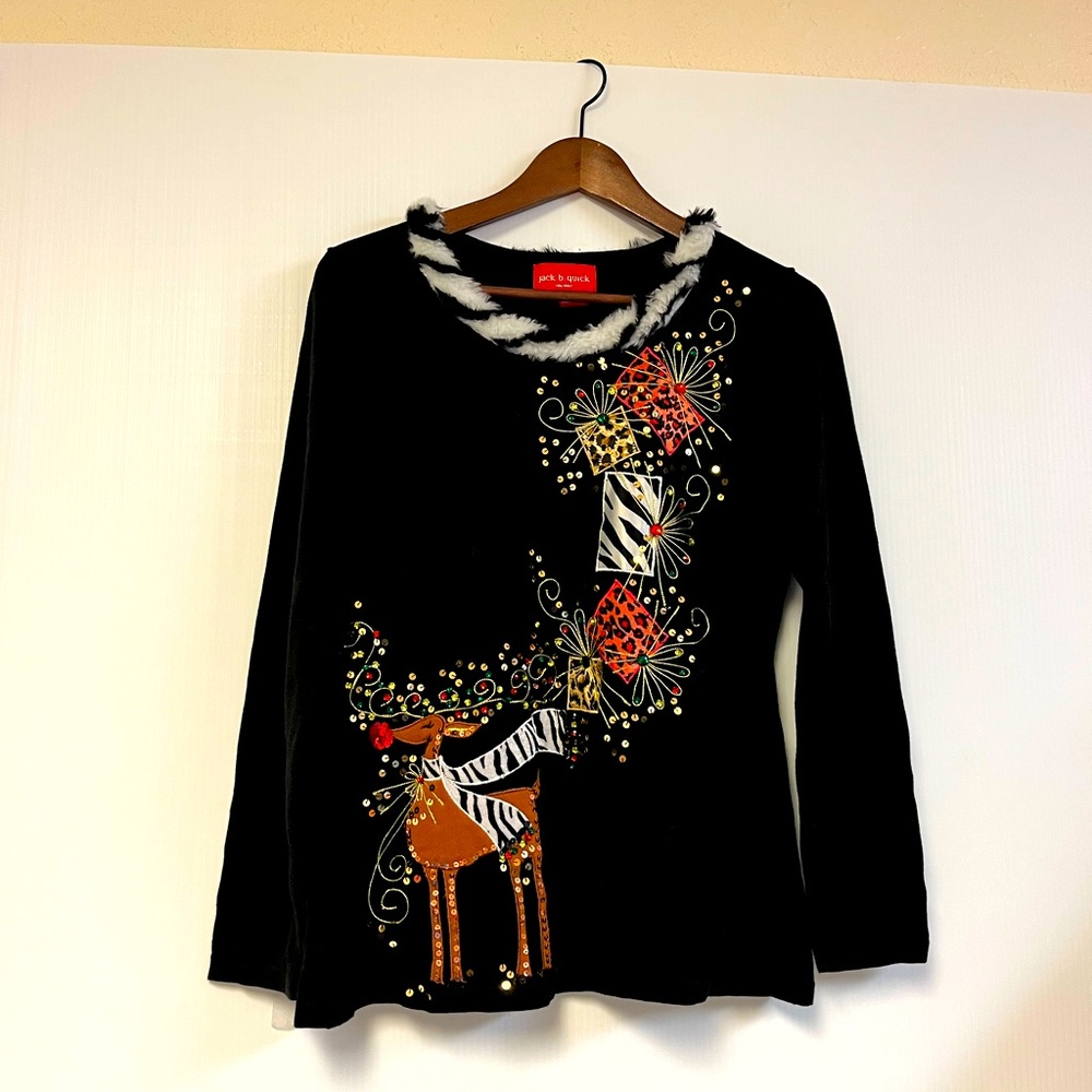 Vintage Jack B. Quick Festive‎ Rudolph Sequin Beaded Sweater - Size M